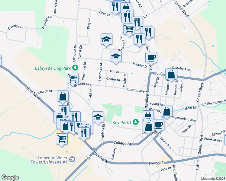 map of restaurants, bars, coffee shops, grocery stores, and more near 404 Bratton Avenue in Lafayette