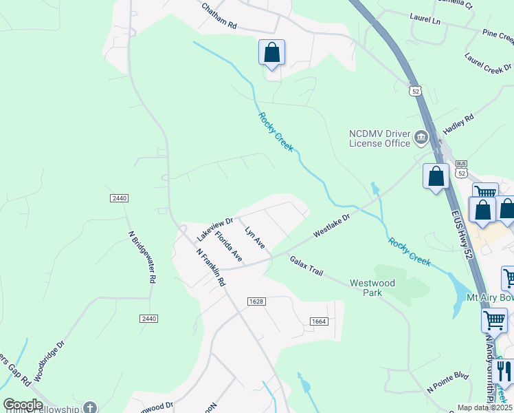 map of restaurants, bars, coffee shops, grocery stores, and more near 156 Lakeview Drive in Mount Airy
