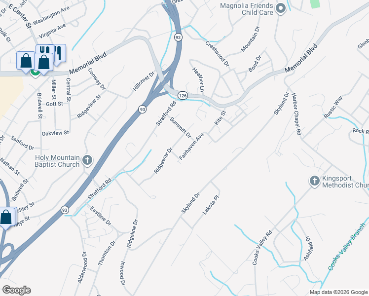 map of restaurants, bars, coffee shops, grocery stores, and more near 1713 Ridgeway Drive in Kingsport