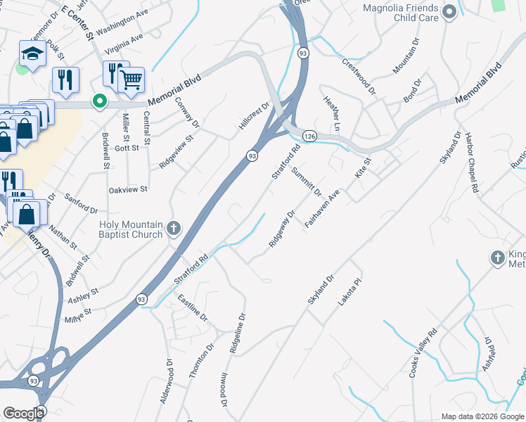 map of restaurants, bars, coffee shops, grocery stores, and more near 1775 Stratford Road in Kingsport