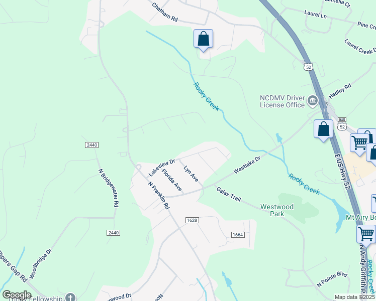 map of restaurants, bars, coffee shops, grocery stores, and more near 156 Lakeview Drive in Mount Airy