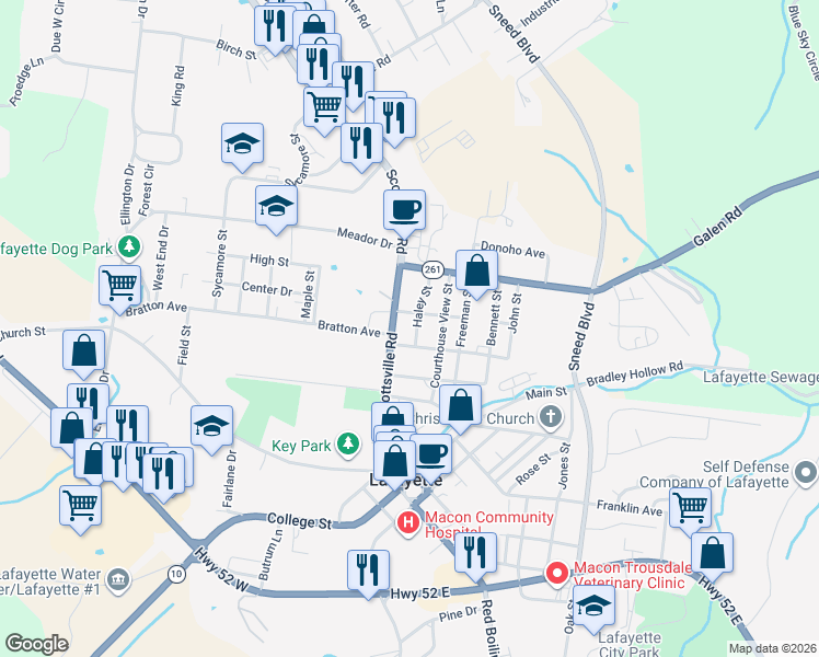 map of restaurants, bars, coffee shops, grocery stores, and more near 700 Scottsville Road in Lafayette