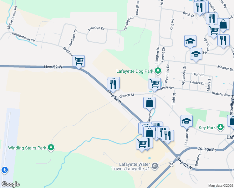 map of restaurants, bars, coffee shops, grocery stores, and more near 600 Highway 52 West in Lafayette