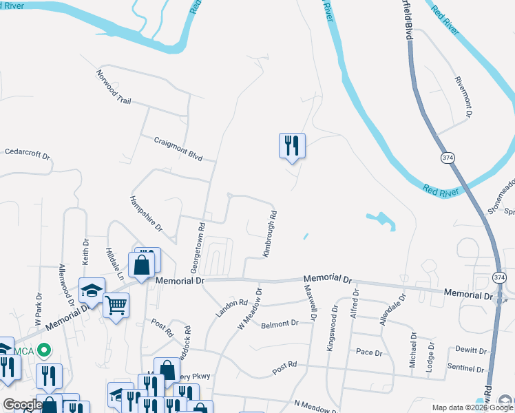 map of restaurants, bars, coffee shops, grocery stores, and more near 343 Kimbrough Road in Clarksville