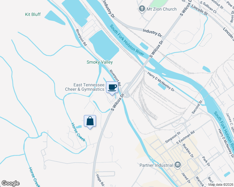 map of restaurants, bars, coffee shops, grocery stores, and more near 1065 Wilcox Court in Kingsport