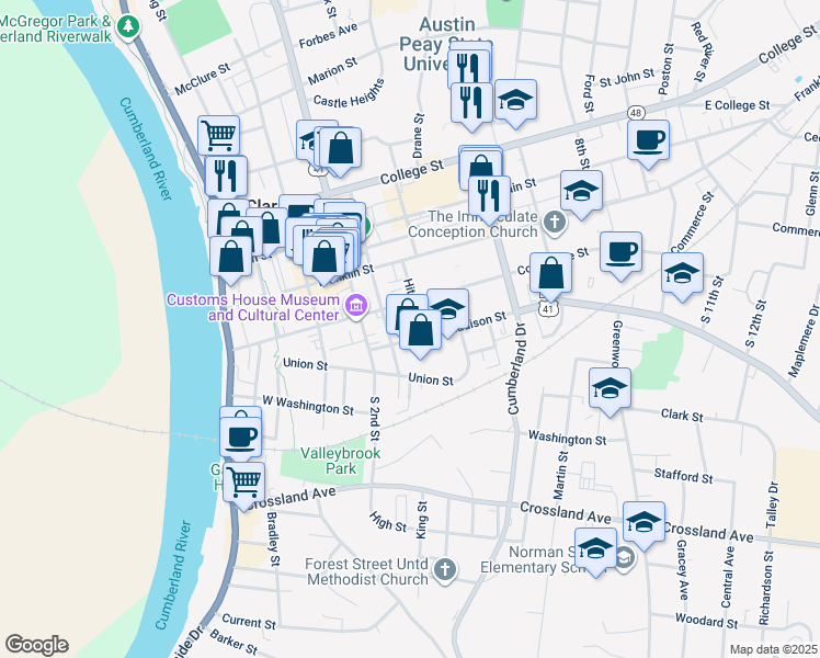 map of restaurants, bars, coffee shops, grocery stores, and more near 319 Madison Street in Clarksville