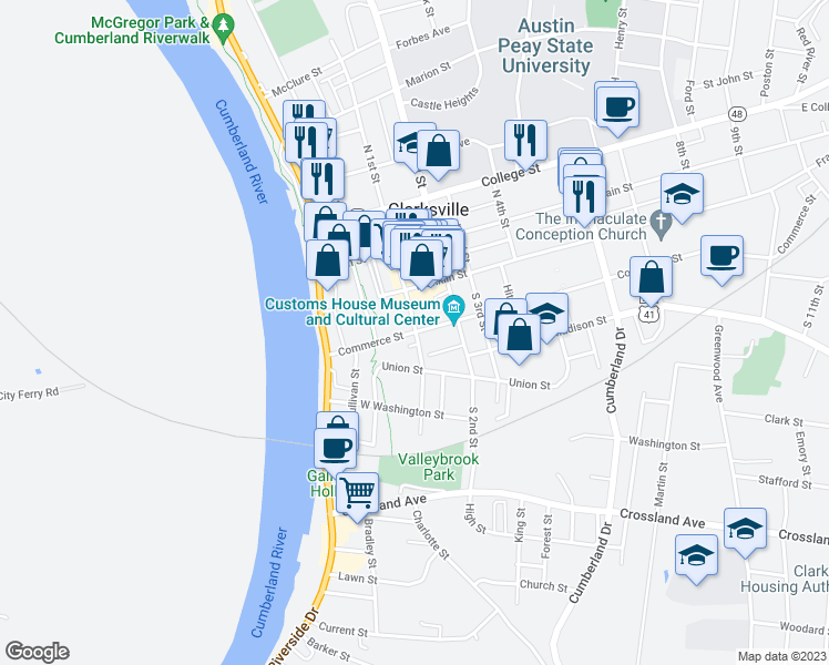 map of restaurants, bars, coffee shops, grocery stores, and more near 96 Commerce Street in Clarksville