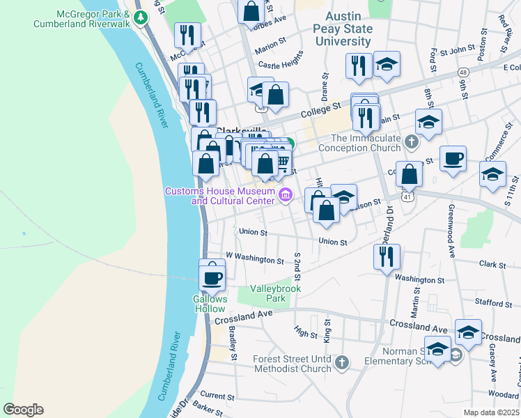 map of restaurants, bars, coffee shops, grocery stores, and more near 96 Commerce Street in Clarksville