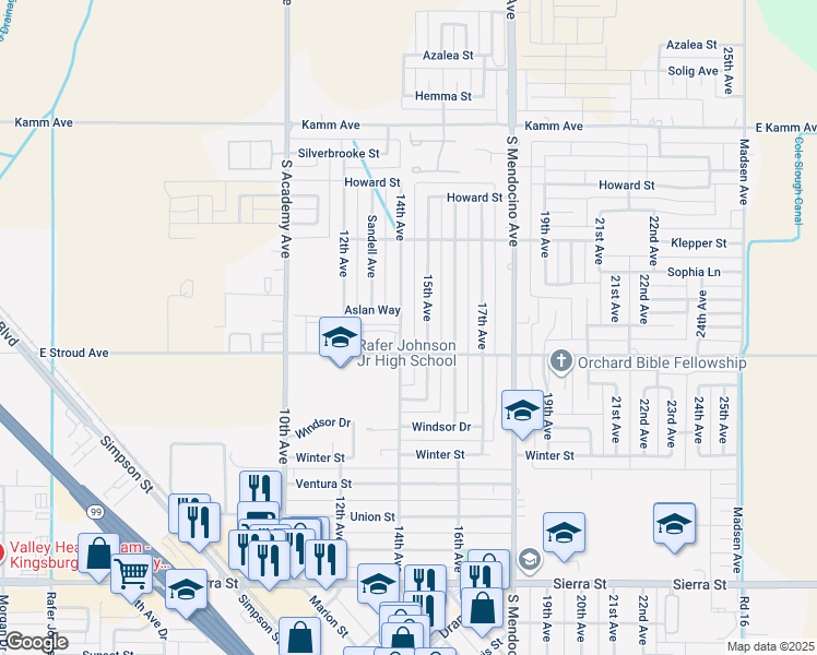 map of restaurants, bars, coffee shops, grocery stores, and more near 2535 15th Avenue in Kingsburg