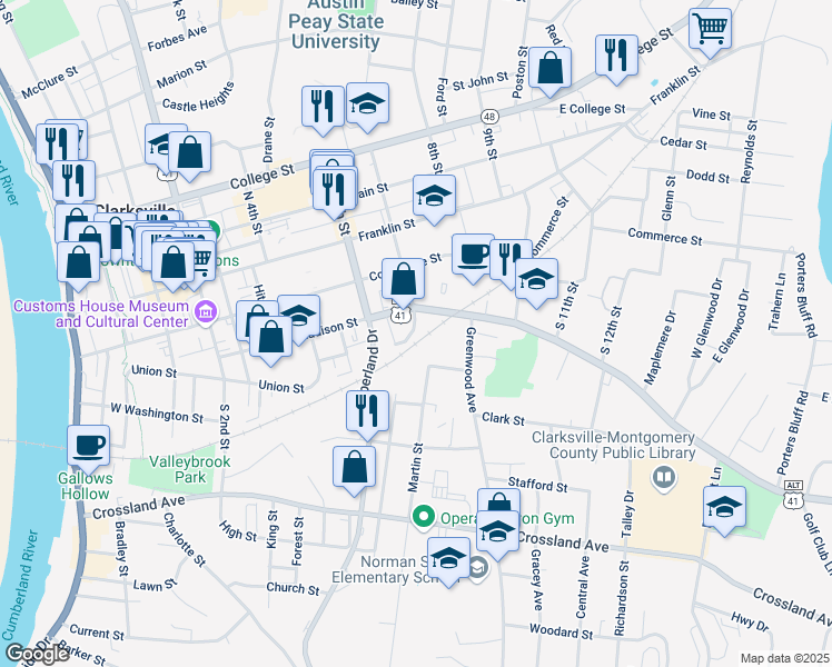 map of restaurants, bars, coffee shops, grocery stores, and more near 622 Madison Street in Clarksville