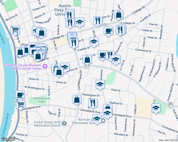 map of restaurants, bars, coffee shops, grocery stores, and more near 622 Madison Street in Clarksville