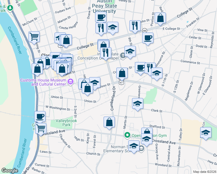 map of restaurants, bars, coffee shops, grocery stores, and more near 523 Madison Street in Clarksville