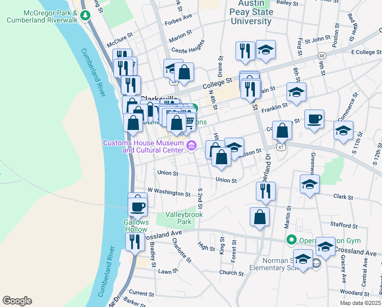 map of restaurants, bars, coffee shops, grocery stores, and more near 200 South 2nd Street in Clarksville