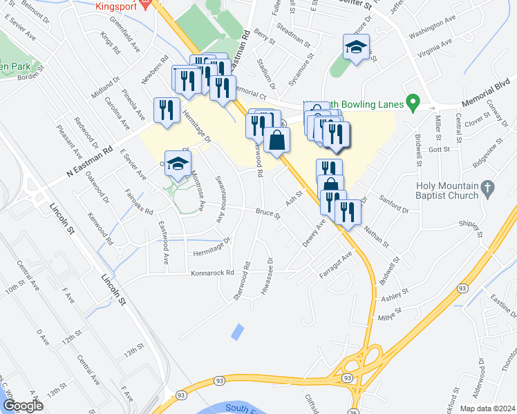 map of restaurants, bars, coffee shops, grocery stores, and more near 2045 Sherwood Road in Kingsport