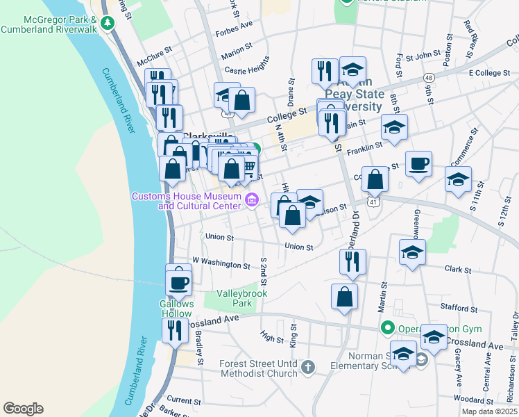 map of restaurants, bars, coffee shops, grocery stores, and more near 200 South 2nd Street in Clarksville