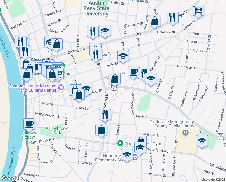 map of restaurants, bars, coffee shops, grocery stores, and more near 622 Madison Street in Clarksville