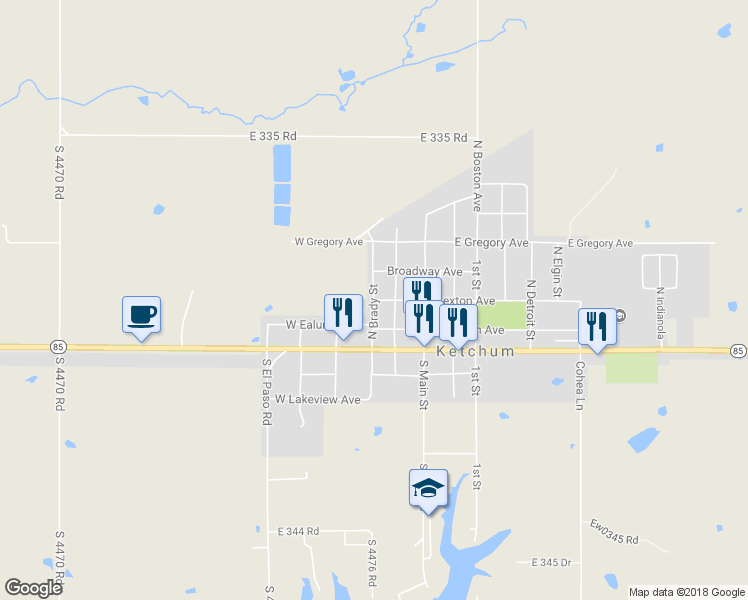 map of restaurants, bars, coffee shops, grocery stores, and more near North Brady Street in Vinita