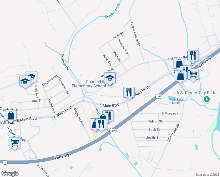 map of restaurants, bars, coffee shops, grocery stores, and more near 400 Old Stage Road in Church Hill