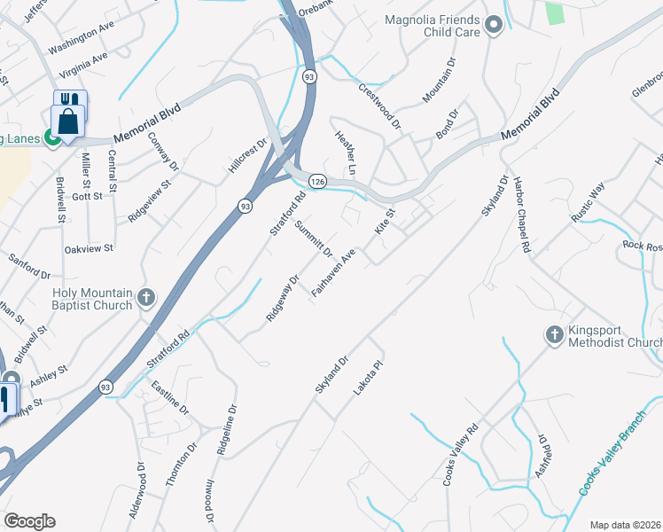 map of restaurants, bars, coffee shops, grocery stores, and more near 1801 Fairhaven Avenue in Kingsport