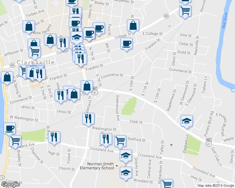 map of restaurants, bars, coffee shops, grocery stores, and more near 307 Greenwood Avenue in Clarksville