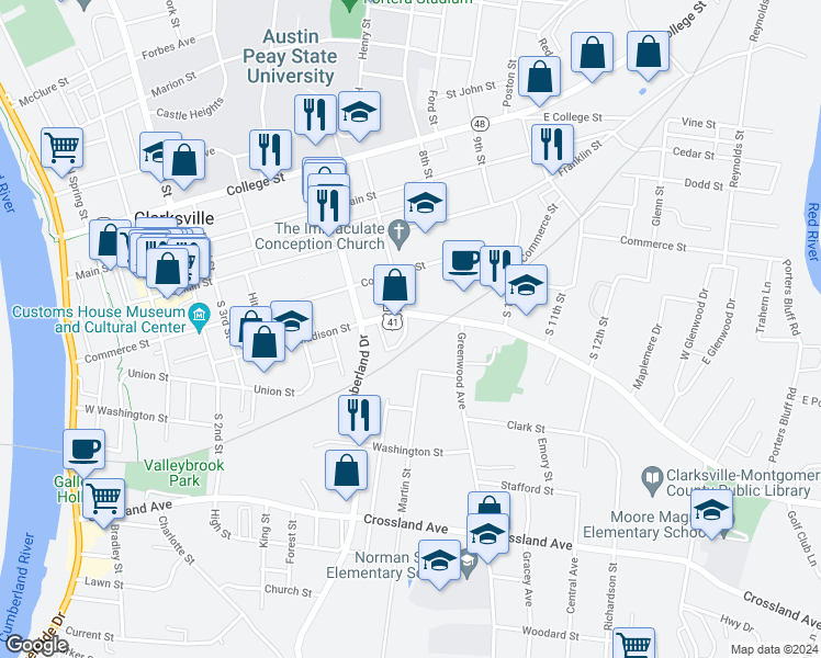 map of restaurants, bars, coffee shops, grocery stores, and more near 728 Madison Street in Clarksville