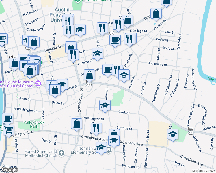 map of restaurants, bars, coffee shops, grocery stores, and more near 307 Greenwood Avenue in Clarksville