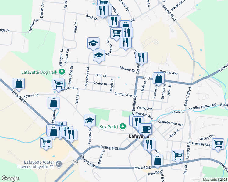 map of restaurants, bars, coffee shops, grocery stores, and more near 206 Bratton Avenue in Lafayette