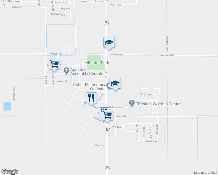 map of restaurants, bars, coffee shops, grocery stores, and more near 40570 Road 128 in Cutler