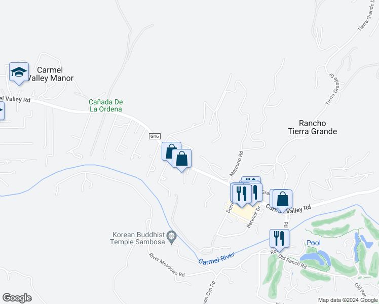 map of restaurants, bars, coffee shops, grocery stores, and more near 27575 Loma Del Rey in Carmel