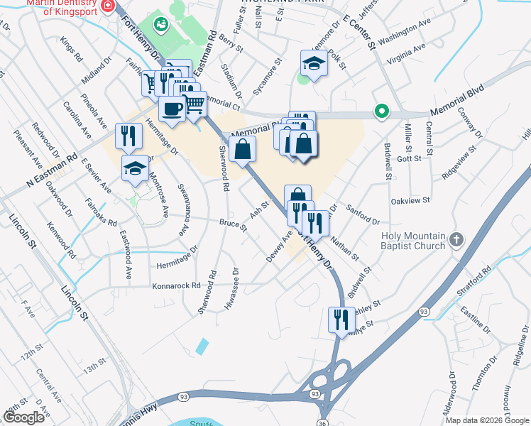 map of restaurants, bars, coffee shops, grocery stores, and more near 2205 Cypress Street in Kingsport