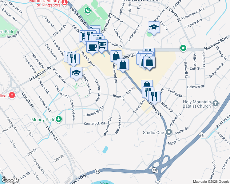 map of restaurants, bars, coffee shops, grocery stores, and more near 2037 Sherwood Road in Kingsport