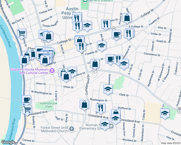 map of restaurants, bars, coffee shops, grocery stores, and more near 612 Madison Street in Clarksville