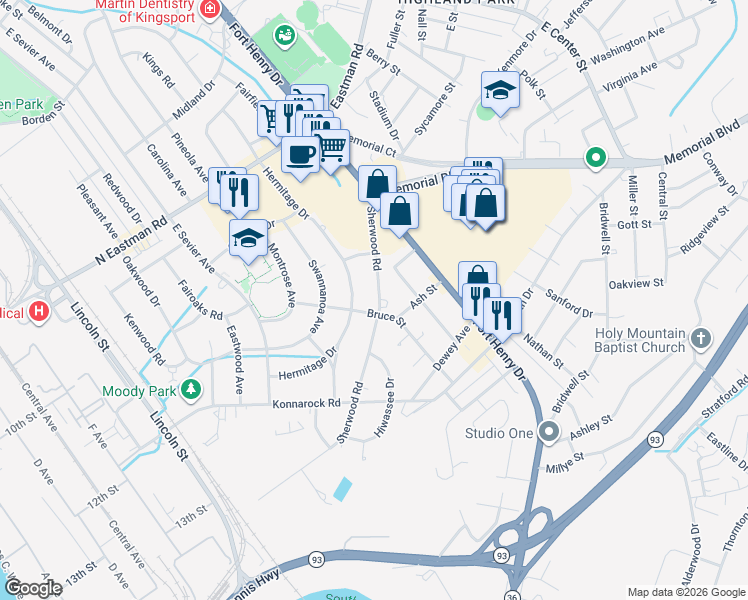 map of restaurants, bars, coffee shops, grocery stores, and more near 2037 Sherwood Road in Kingsport