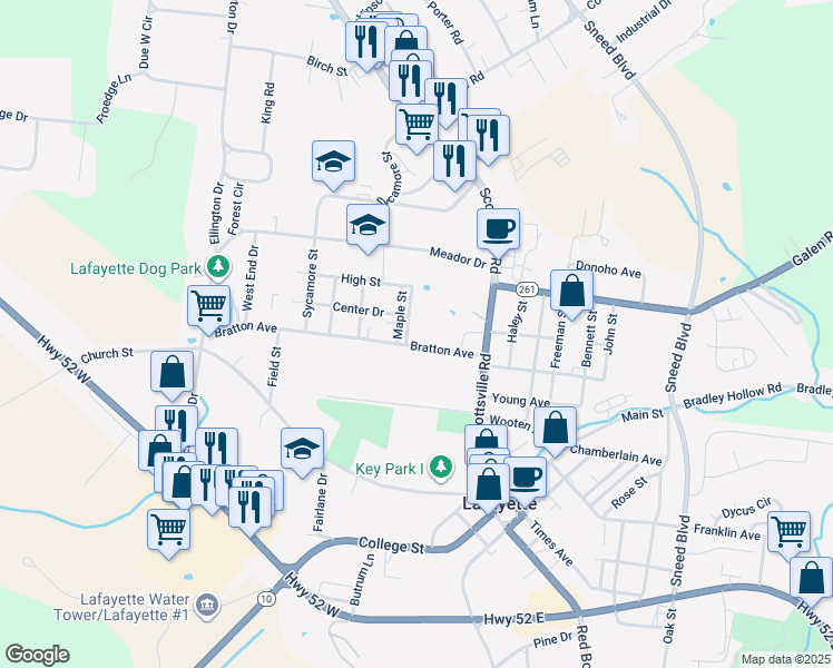 map of restaurants, bars, coffee shops, grocery stores, and more near 206 Bratton Avenue in Lafayette