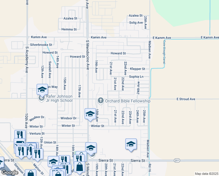 map of restaurants, bars, coffee shops, grocery stores, and more near 2505 21st Avenue in Kingsburg