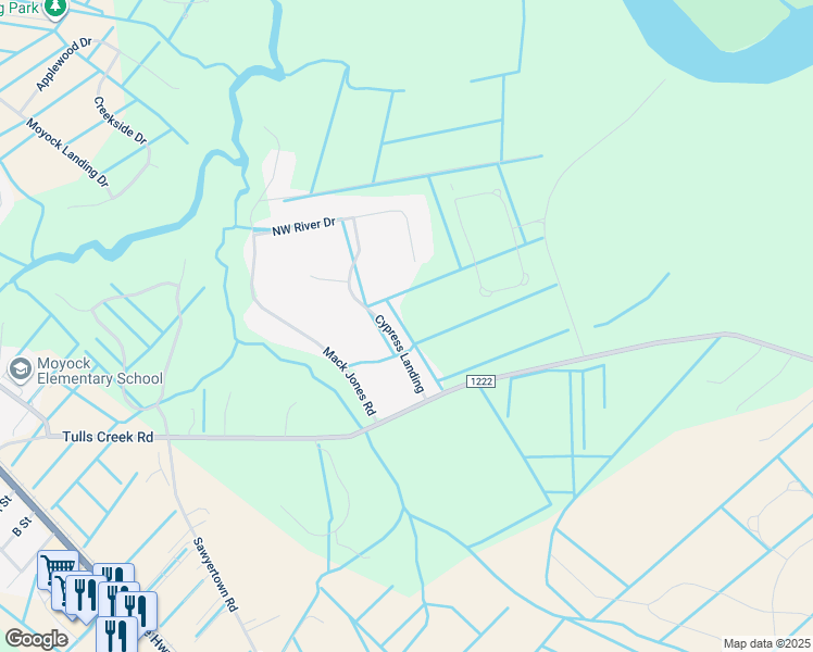 map of restaurants, bars, coffee shops, grocery stores, and more near 112 Cypress Circle in Moyock