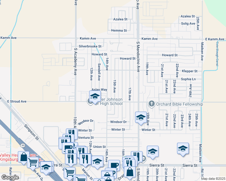 map of restaurants, bars, coffee shops, grocery stores, and more near 2535 15th Avenue in Kingsburg