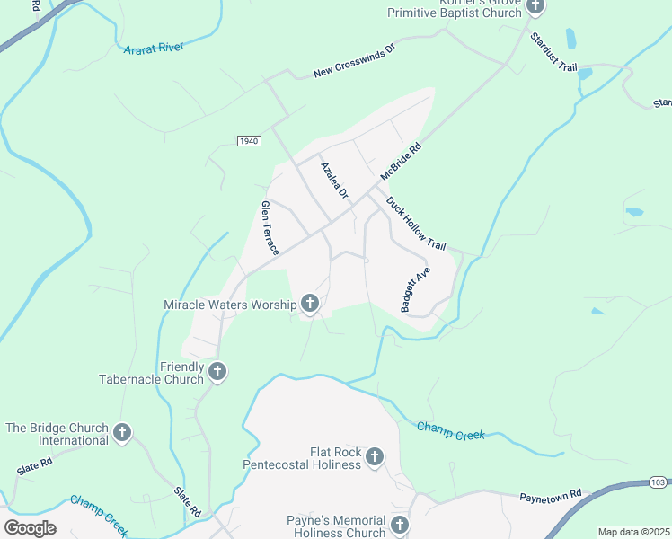 map of restaurants, bars, coffee shops, grocery stores, and more near 153 Triple R Drive in Mount Airy