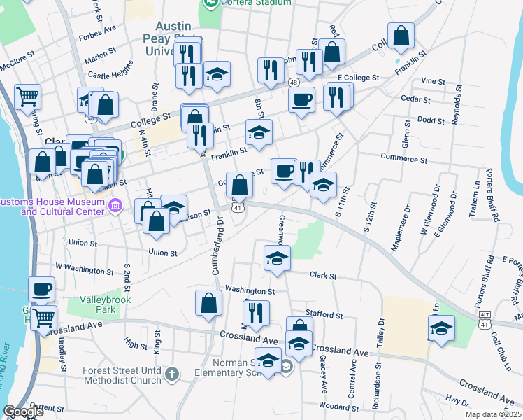 map of restaurants, bars, coffee shops, grocery stores, and more near 728 Madison Street in Clarksville