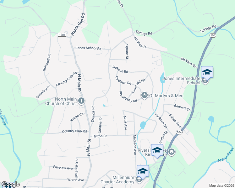 map of restaurants, bars, coffee shops, grocery stores, and more near 121 Brookberry Road in Mount Airy