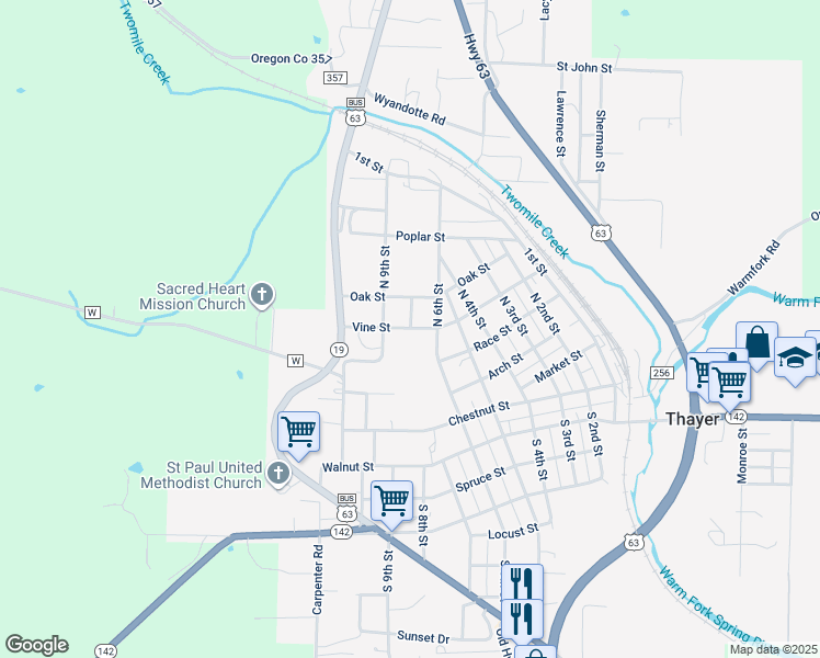 map of restaurants, bars, coffee shops, grocery stores, and more near 626 Vine Street in Thayer