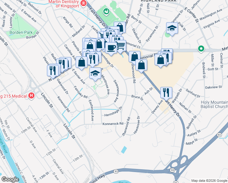 map of restaurants, bars, coffee shops, grocery stores, and more near 2014 Bruce Street in Kingsport
