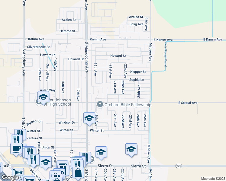 map of restaurants, bars, coffee shops, grocery stores, and more near 2505 21st Avenue in Kingsburg