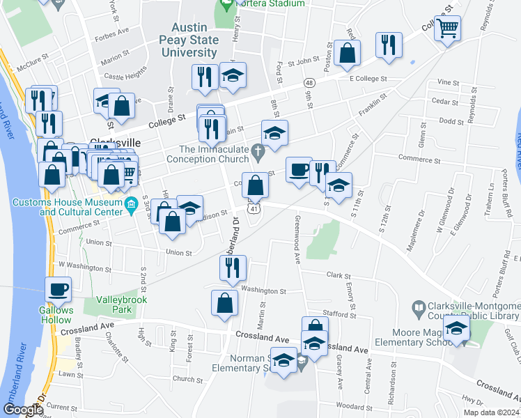 map of restaurants, bars, coffee shops, grocery stores, and more near 622 Madison Street in Clarksville