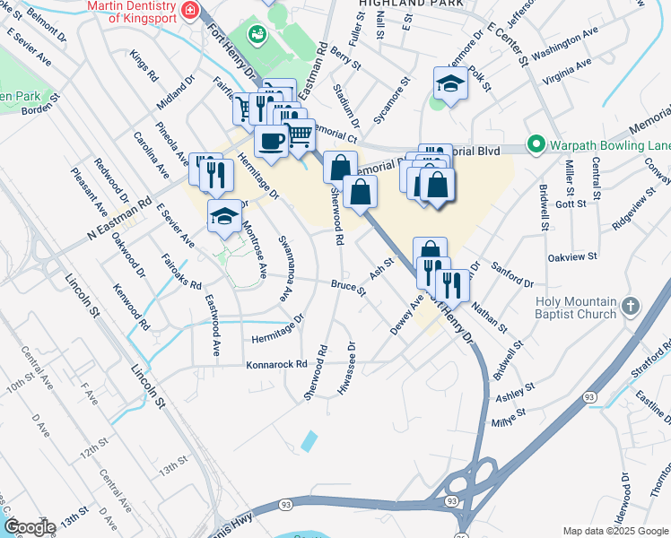 map of restaurants, bars, coffee shops, grocery stores, and more near 2037 Sherwood Road in Kingsport