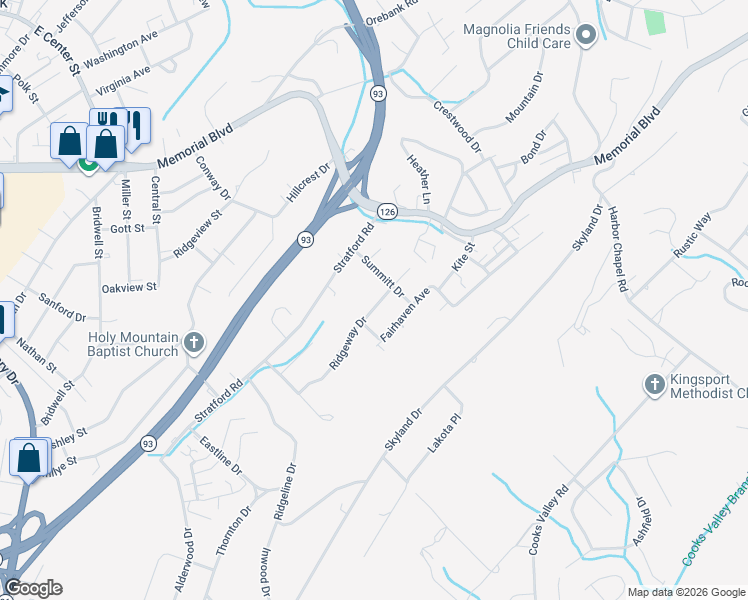 map of restaurants, bars, coffee shops, grocery stores, and more near 1713 Ridgeway Drive in Kingsport