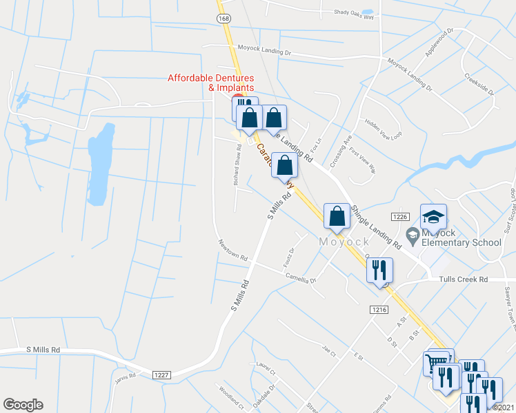 map of restaurants, bars, coffee shops, grocery stores, and more near 124 South Mills Road in Moyock