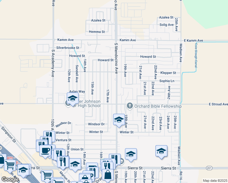 map of restaurants, bars, coffee shops, grocery stores, and more near 2507 18th Avenue in Kingsburg