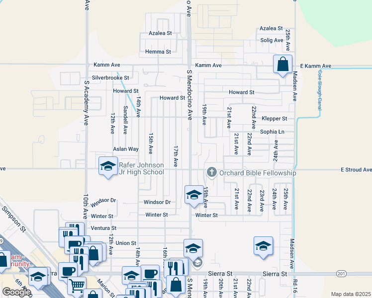 map of restaurants, bars, coffee shops, grocery stores, and more near 2507 18th Avenue in Kingsburg