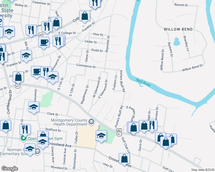 map of restaurants, bars, coffee shops, grocery stores, and more near 152 East Glenwood Drive in Clarksville